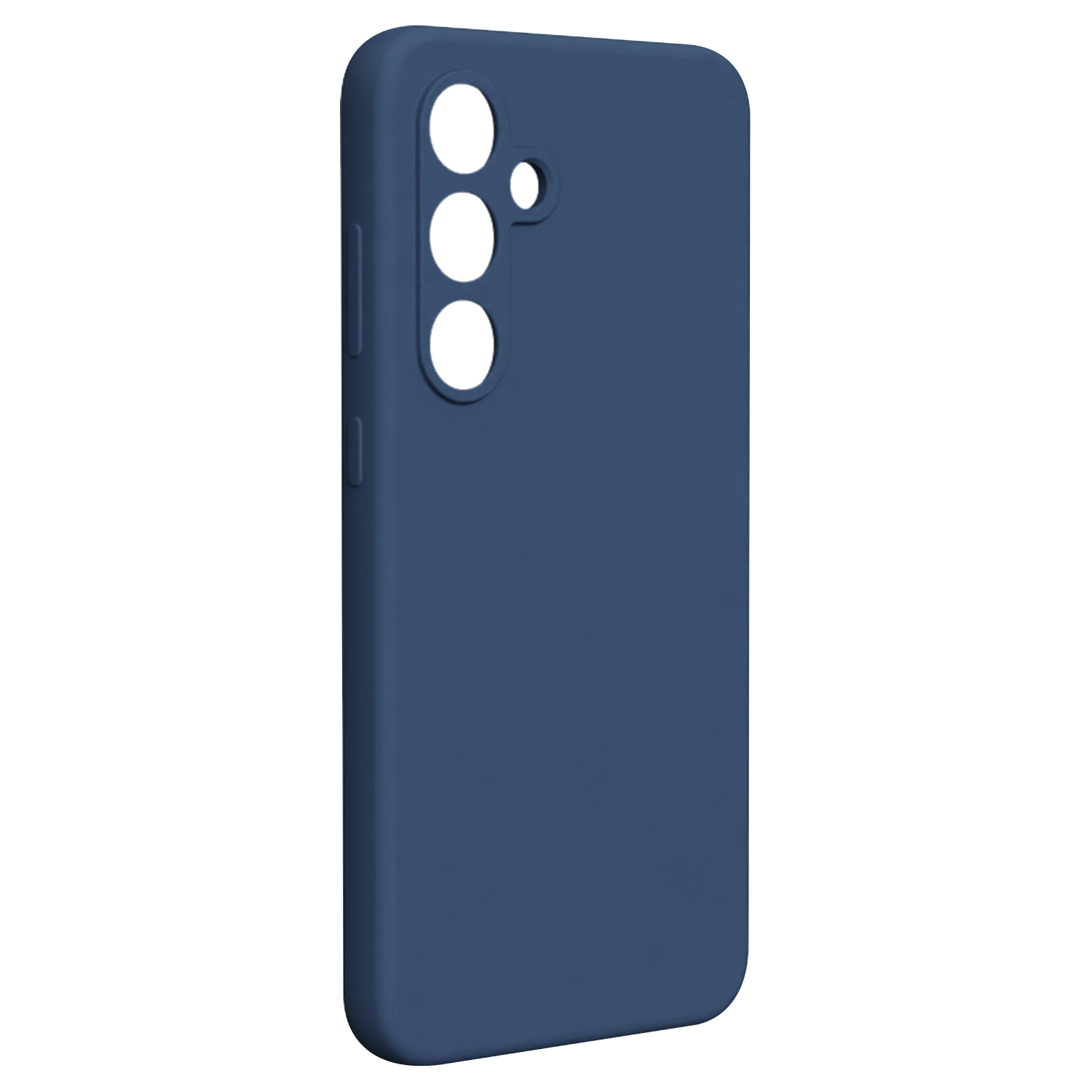 Eine dunkelblaue Handyhülle mit Aussparungen für Kamera und Tasten.