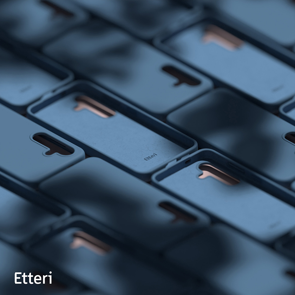 Anordnung blauer Handyhüllen mit 'Etteri'-Logo. Die Hüllen sind in einem Raster angeordnet.