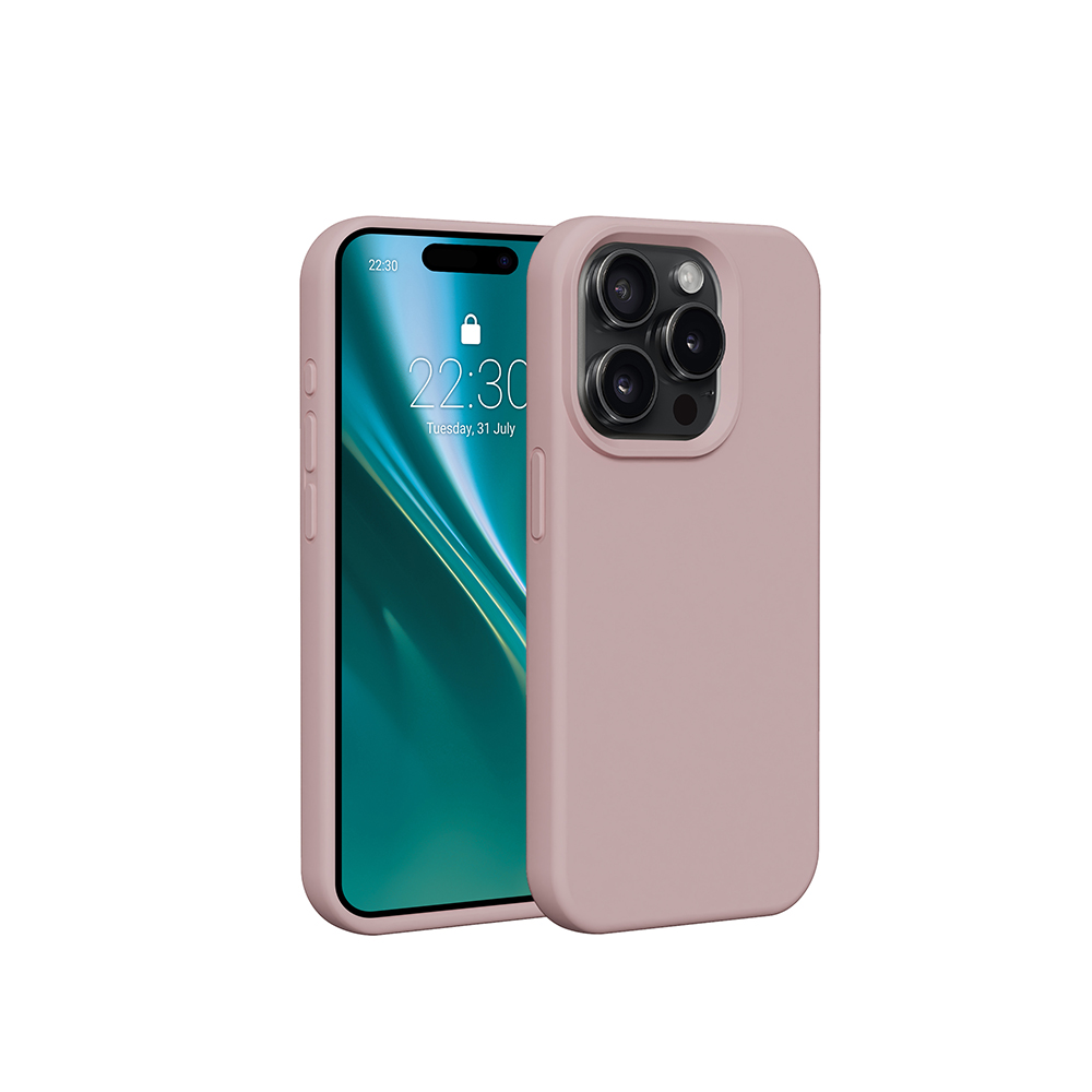 Un telefono e una custodia in una tonalità rosata, con lo schermo del telefono visibile.