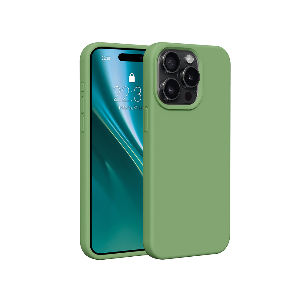 Zielony telefon w zielonym etui. Telefon pokazuje godzinę i datę na ekranie.