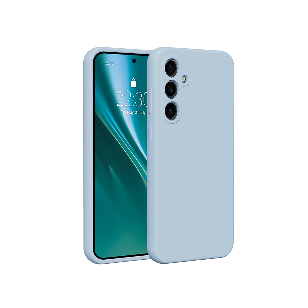 Jasnoniebieski telefon z trzema aparatami, jasnoniebieskie etui po prawej, ekran pokazuje godzinę i datę.