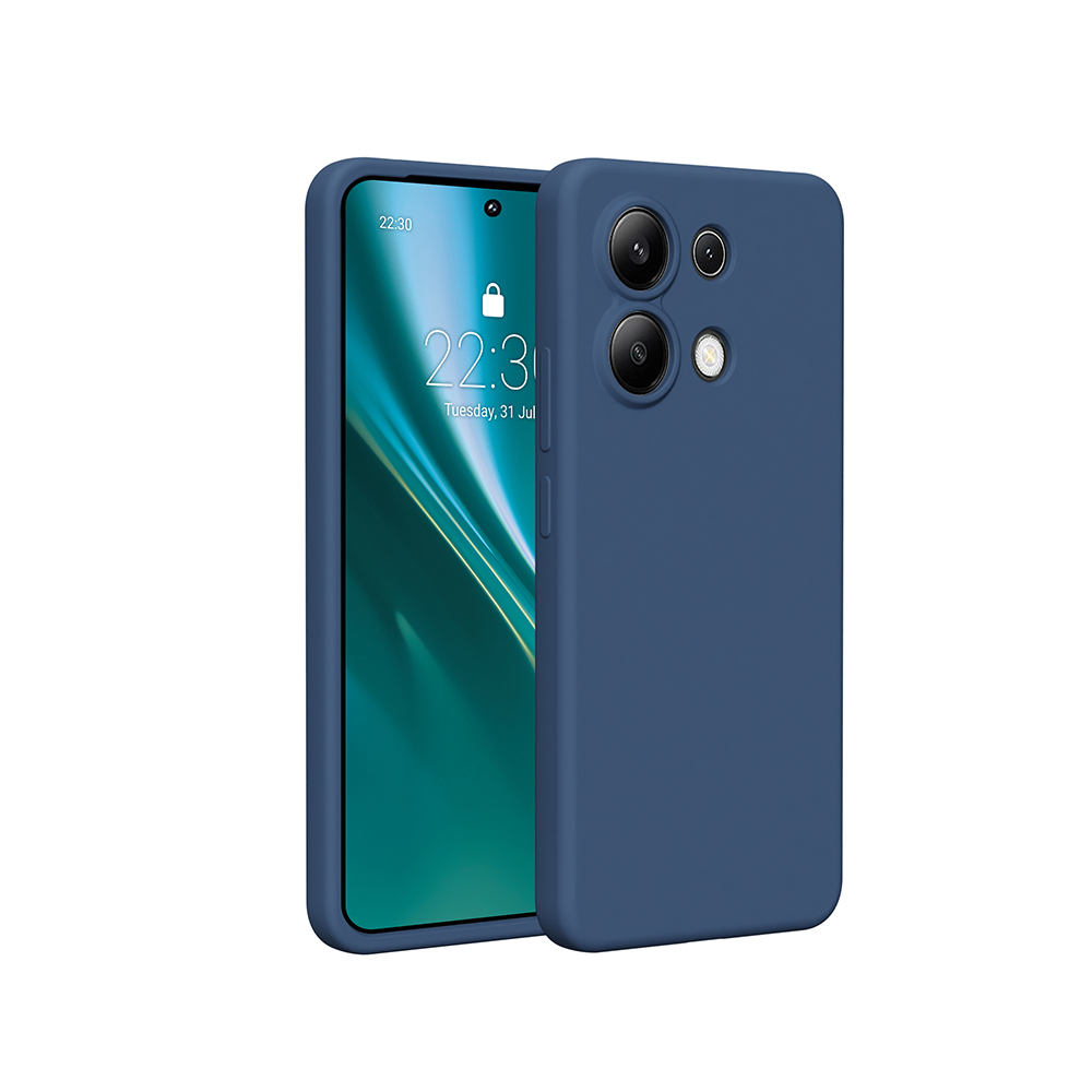 Ein dunkelblaues Smartphone mit einem Bildschirm, der eine Uhr anzeigt. Das Telefon befindet sich in einer blauen Hülle.