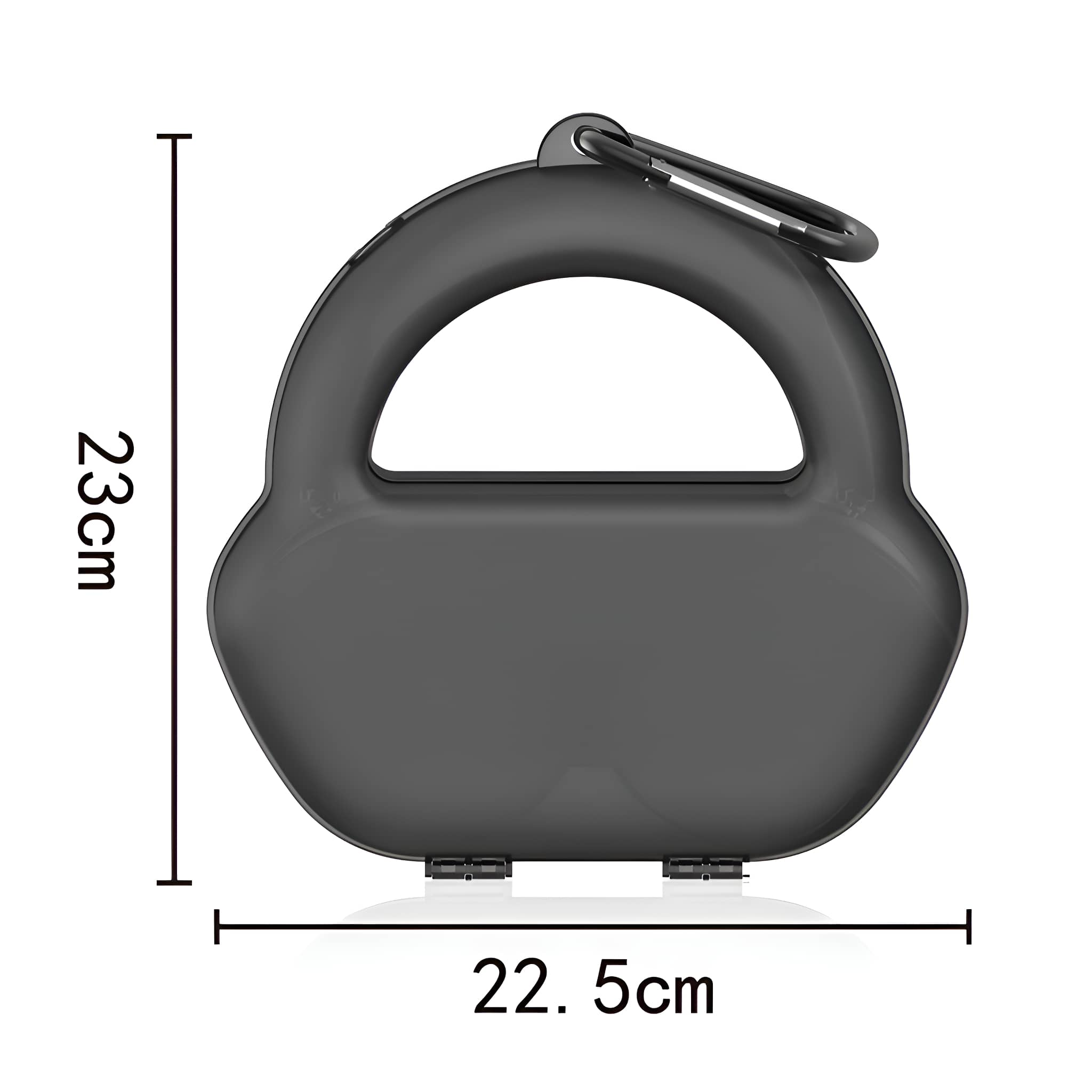 Eine schwarze Hülle mit Griff, Abmessungen sind 23 cm hoch und 22,5 cm breit.