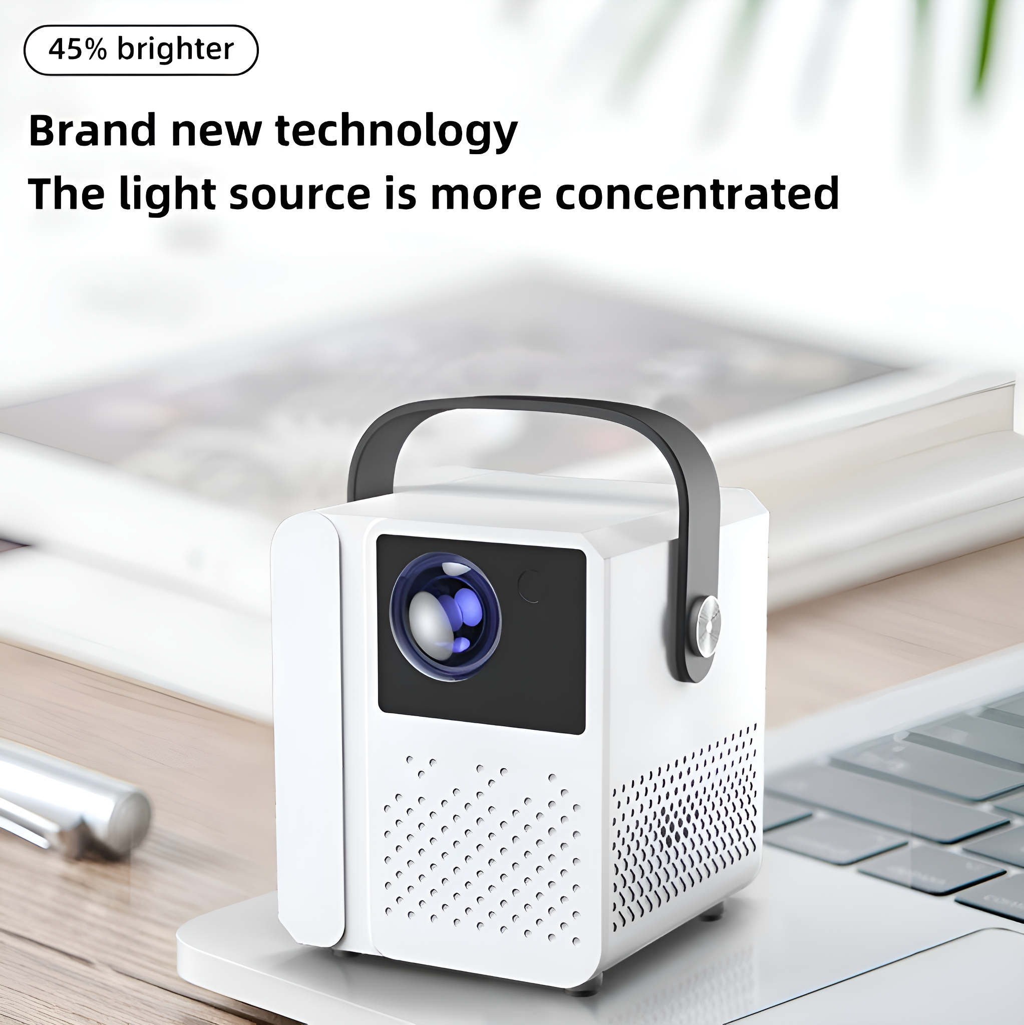 Weißer Projektor auf einer Oberfläche. Griff oben. Text: 'Brand new technology'.