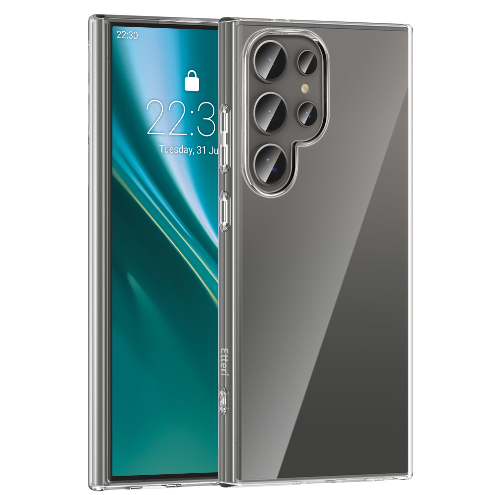 Przezroczyste etui na telefon z telefonem w środku. Telefon wyświetla godzinę.