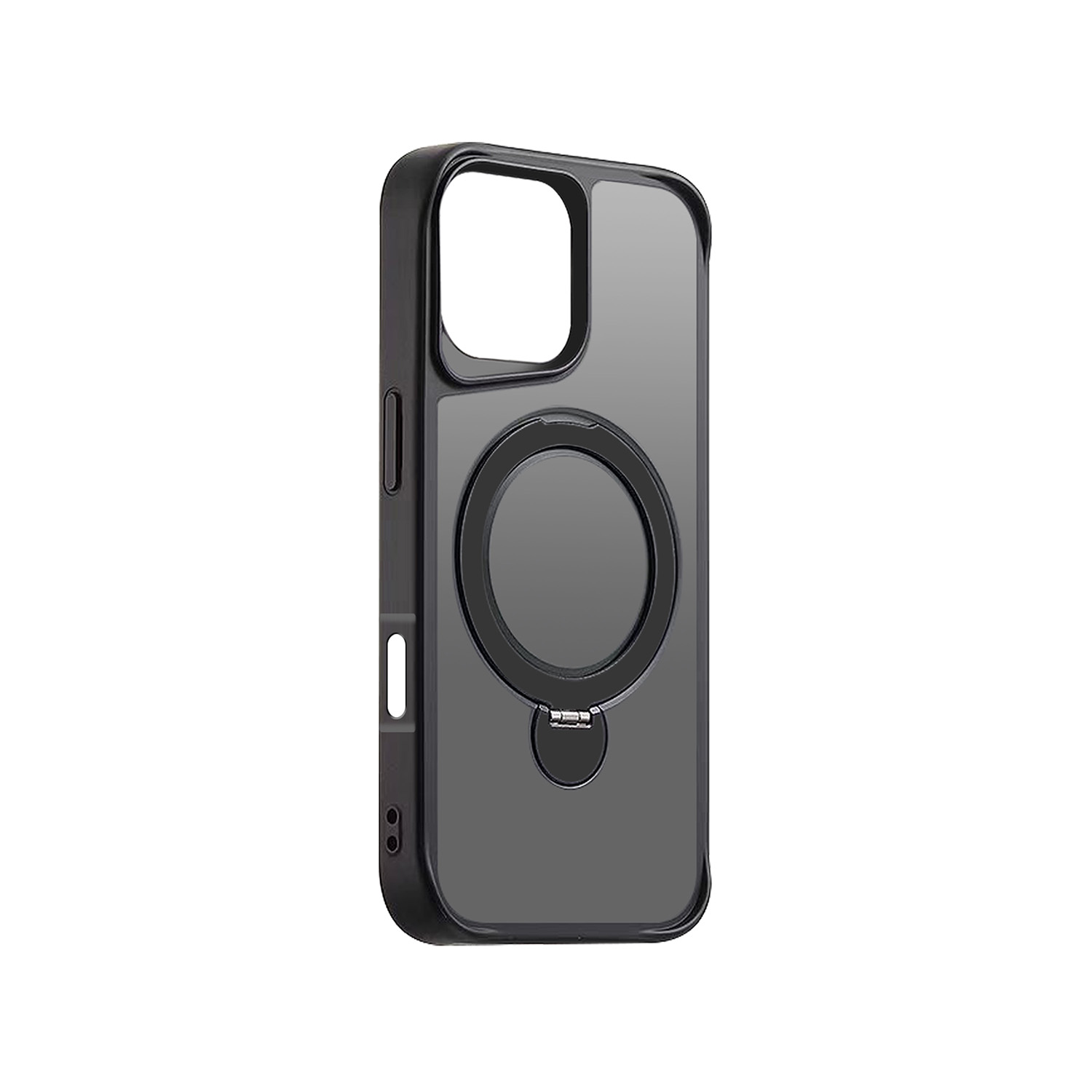 Custodia nera per telefono con un anello circolare e un ritaglio per la fotocamera, isolata su bianco.