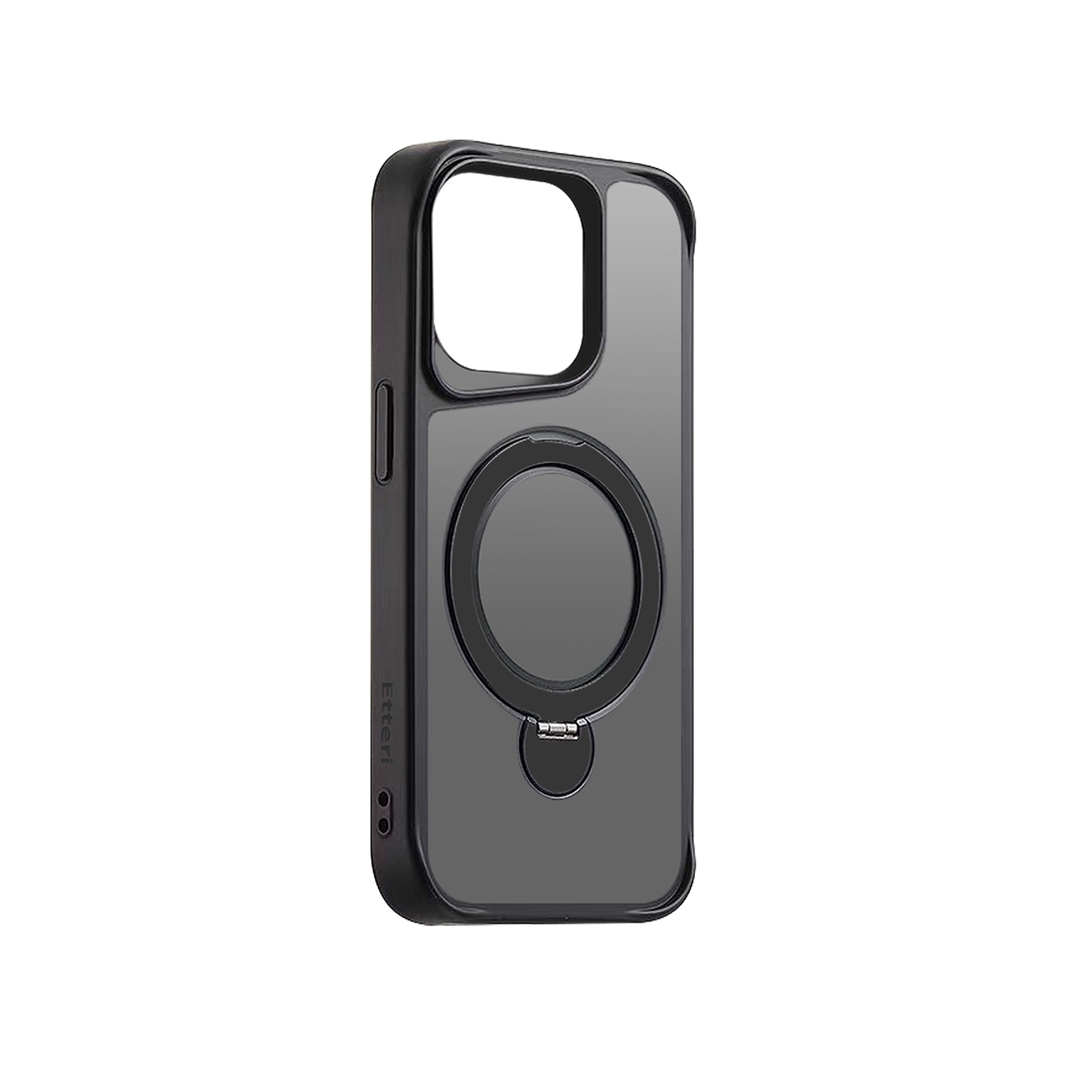 Custodia nera per telefono con anello circolare. Retro grigio, bordo nero. Logo Etteri.