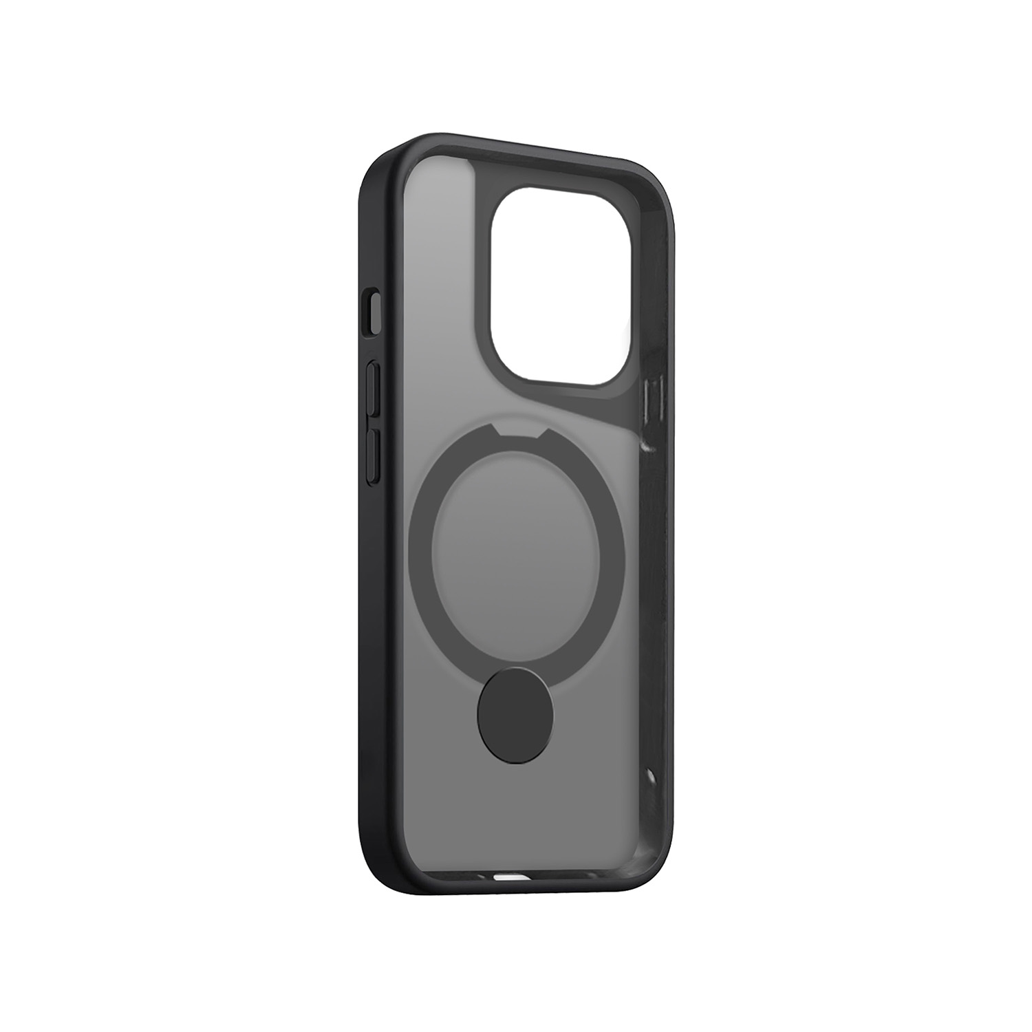 Custodia nera per telefono con foro per fotocamera e cerchio bianco per MagSafe.