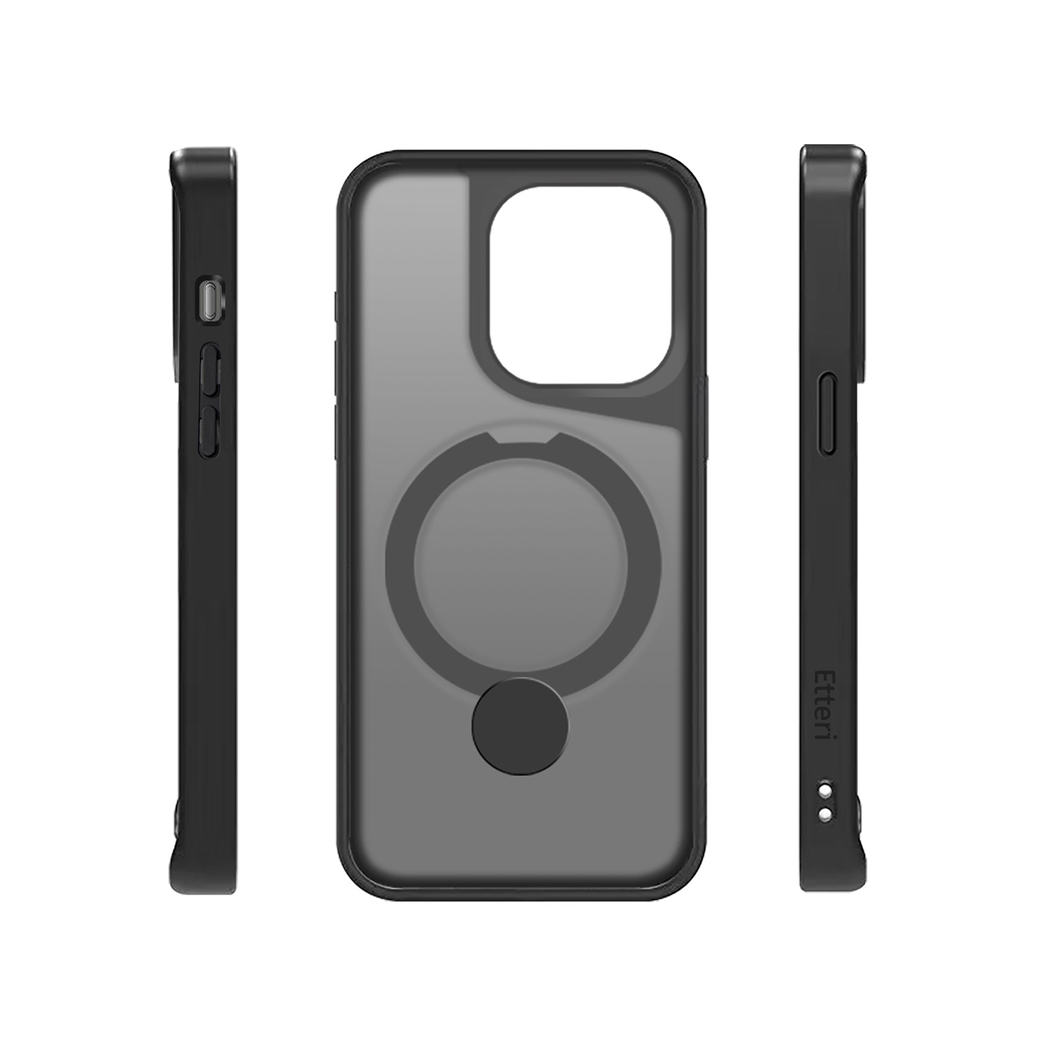 Custodia per telefono nera con un ritaglio per la fotocamera e un anello magsafe. Sono mostrati tre lati.