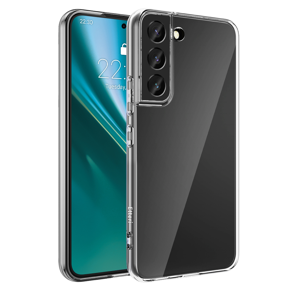 Custodia trasparente per telefono su un telefono, che mostra il retro del telefono con la fotocamera.