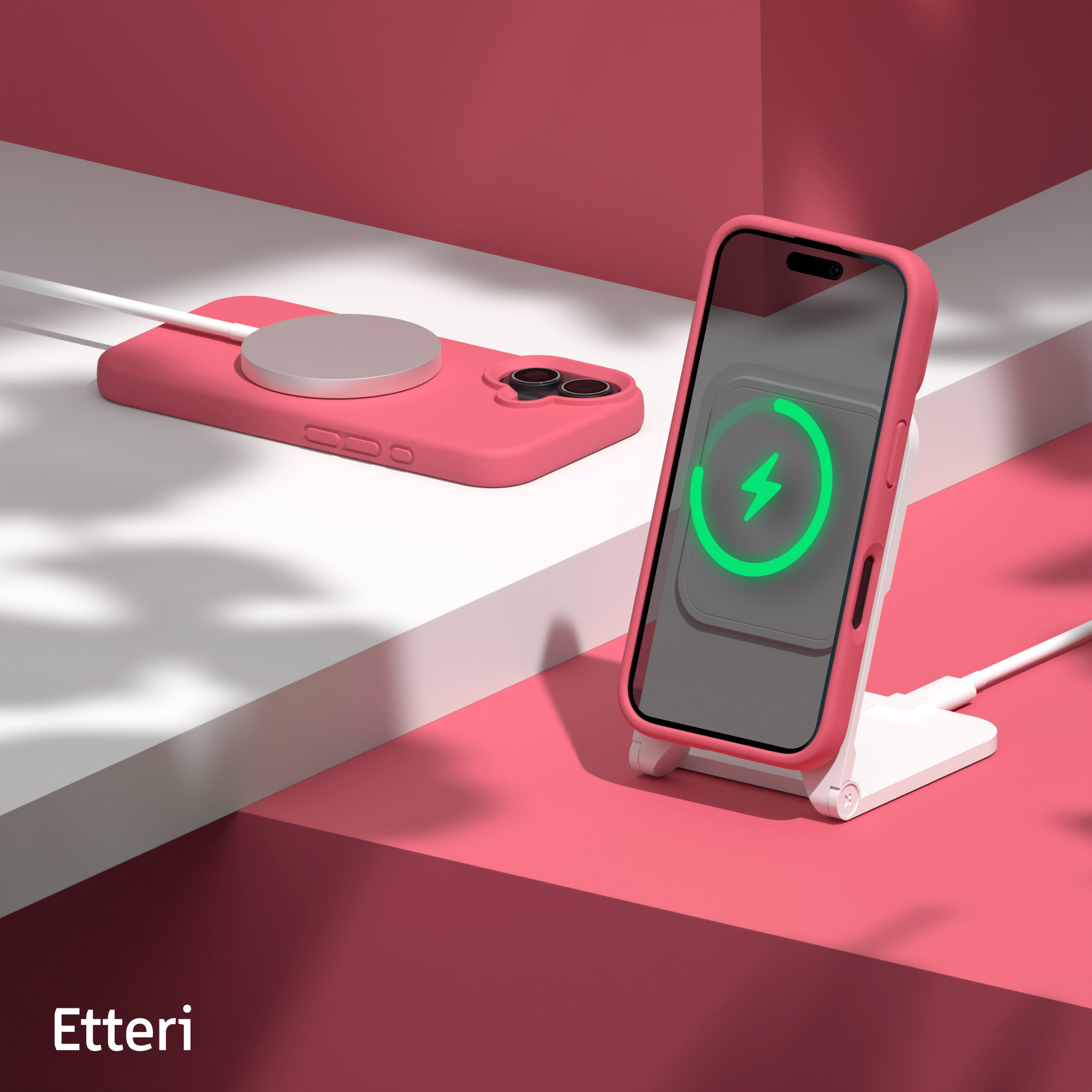 Custodia rosa per telefono con telefono e caricabatterie wireless, che mostra un simbolo di ricarica verde.