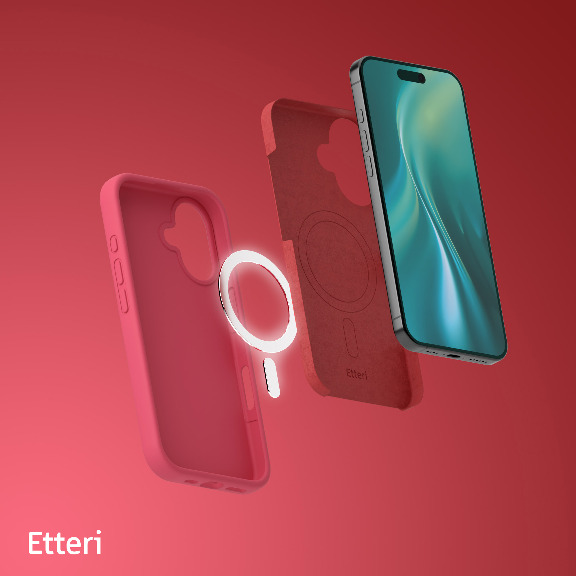 Custodia per telefono con telefono e componente di ricarica fluttuanti, su sfondo rosso.