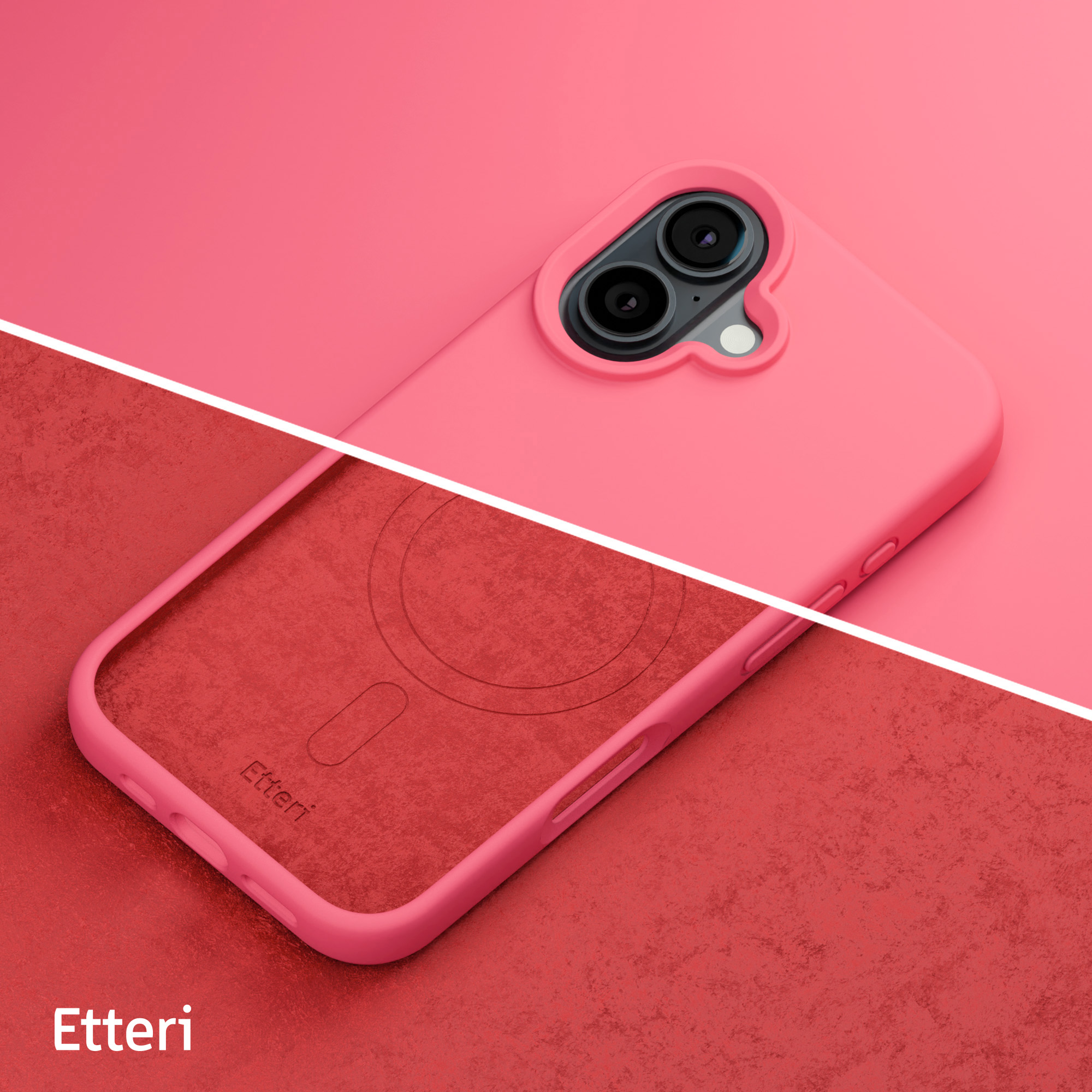 Custodia rosa per telefono con interno rosso. Linea bianca separa i colori. Testo bianco.