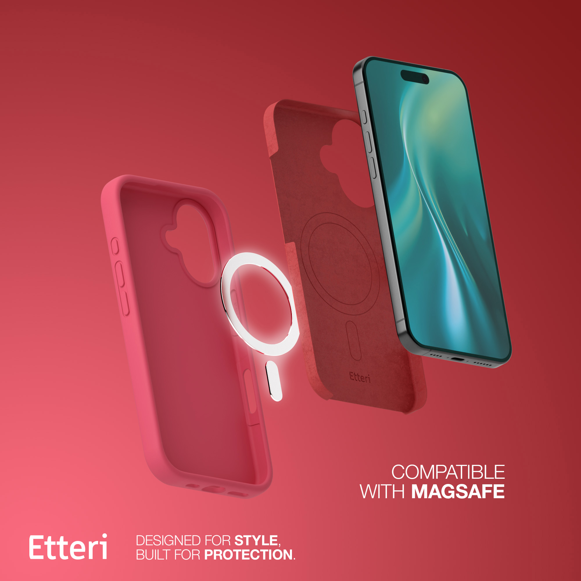 Componenti della custodia del telefono, che mostrano una custodia rosa, custodia interna e telefono.