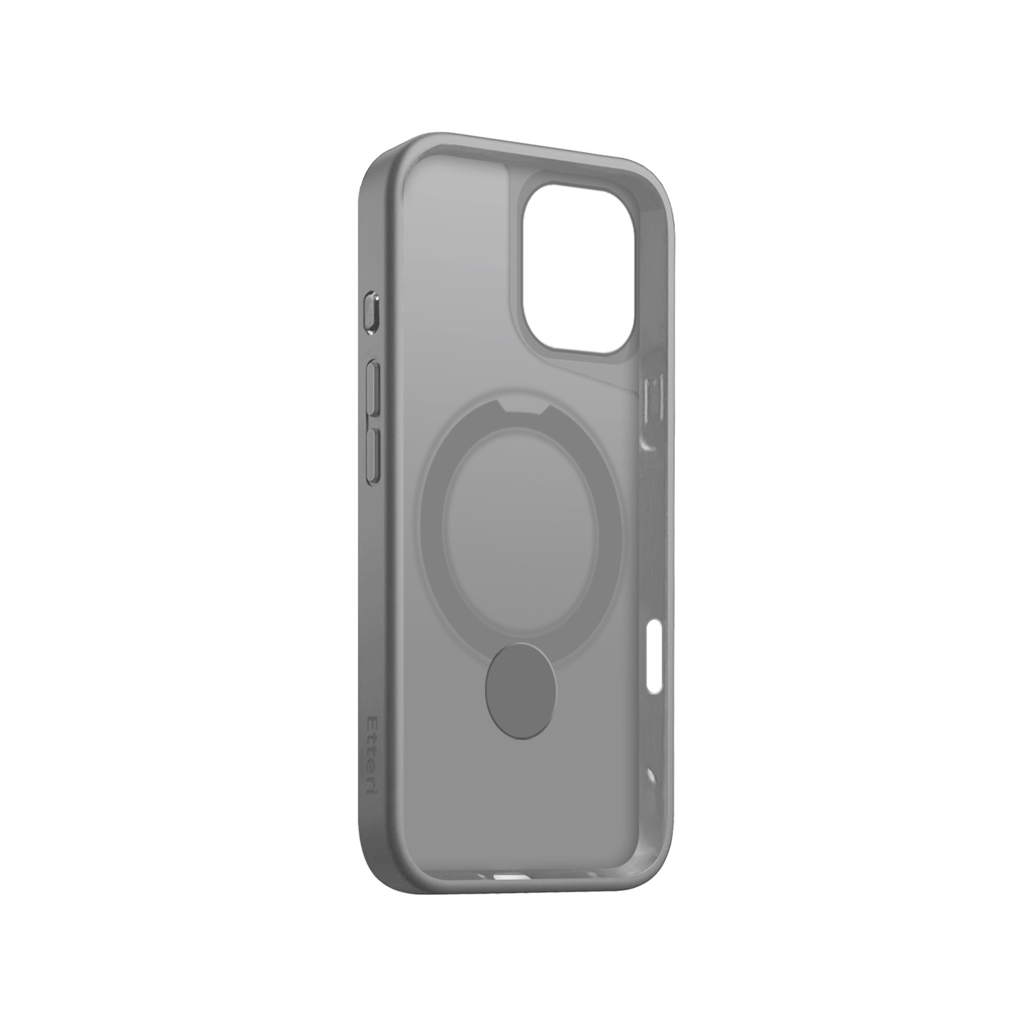 Szare etui na telefon, pokazujące boczne przyciski i otwór na aparat. Etui jest pokazane w izolacji.