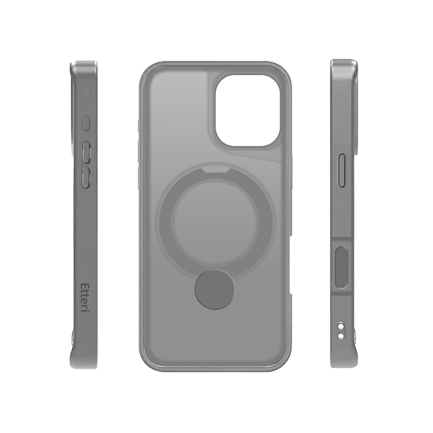 Trzy widoki szarego etui na telefon. Widoczne słowo 'Etteri'.