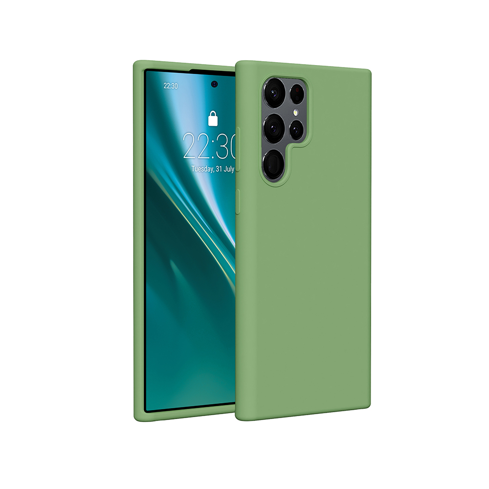 Zielone etui na telefon z telefonem w środku. Telefon ma ekran z zielono-niebieską tapetą.