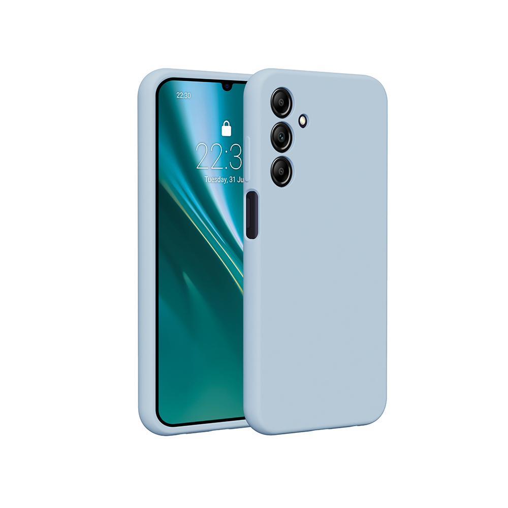 Custodia blu chiaro con telefono. Il telefono mostra ora e data. Sfondo bianco.