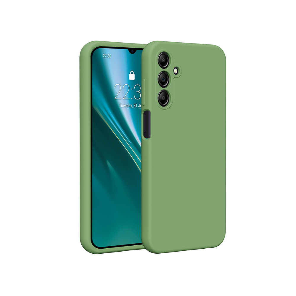 Custodia verde con telefono dentro, con interfaccia utente.