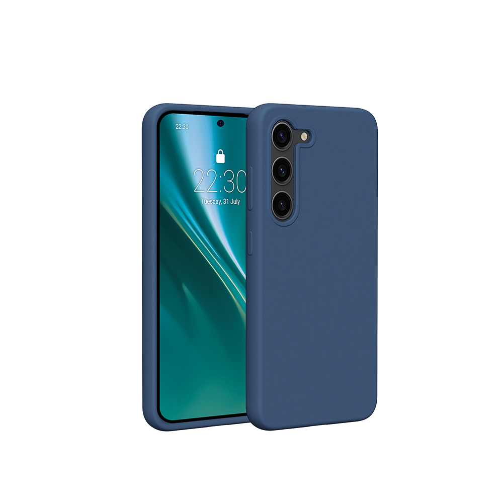 Custodia blu con telefono, mostra ora e data.