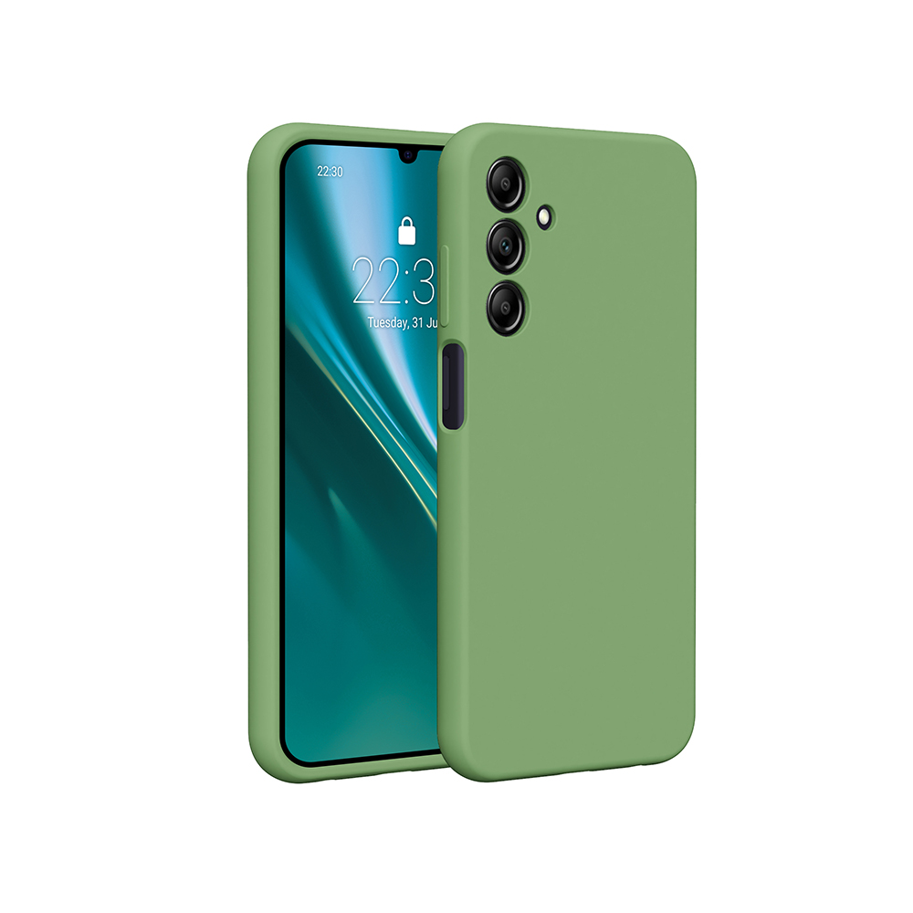 Zielone etui na telefonie Samsung, wyświetlające ekran blokady z godziną.