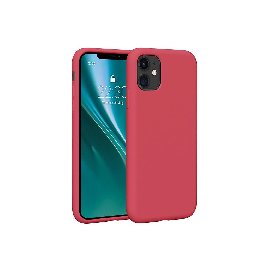 Czerwone etui na telefon z telefonem w środku, pokazujące godzinę i datę.