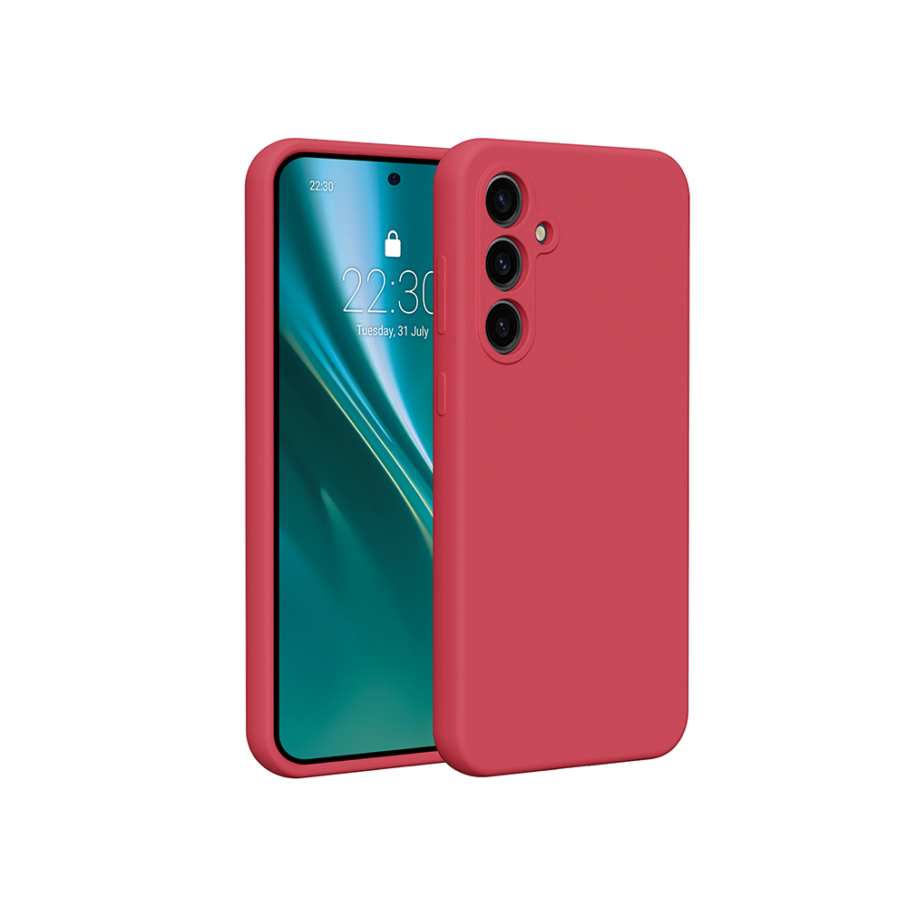 Czerwone etui na telefon ze smartfonem w środku, wyświetlającym ekran blokady z godziną.