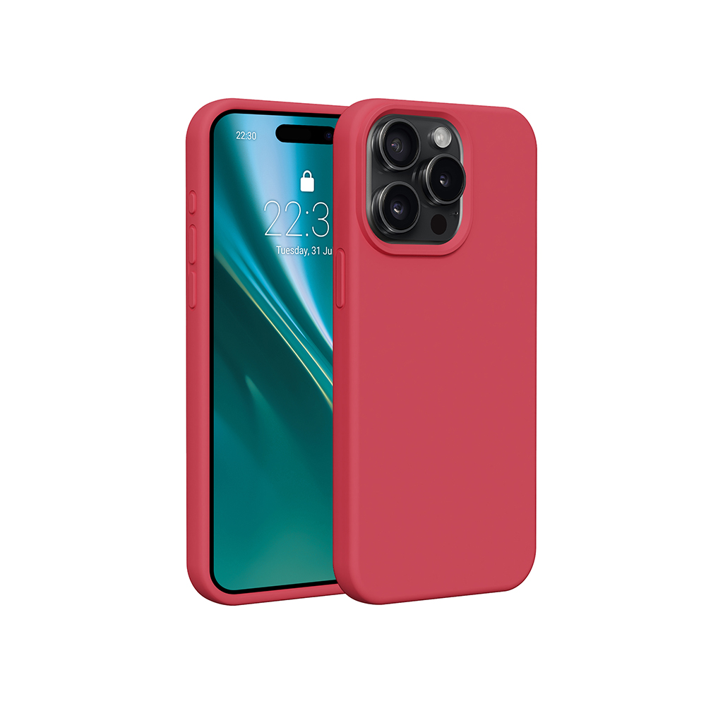 Eine rote Handyhülle auf weißem Hintergrund mit einem Telefon, das die Uhrzeit und das Datum anzeigt.