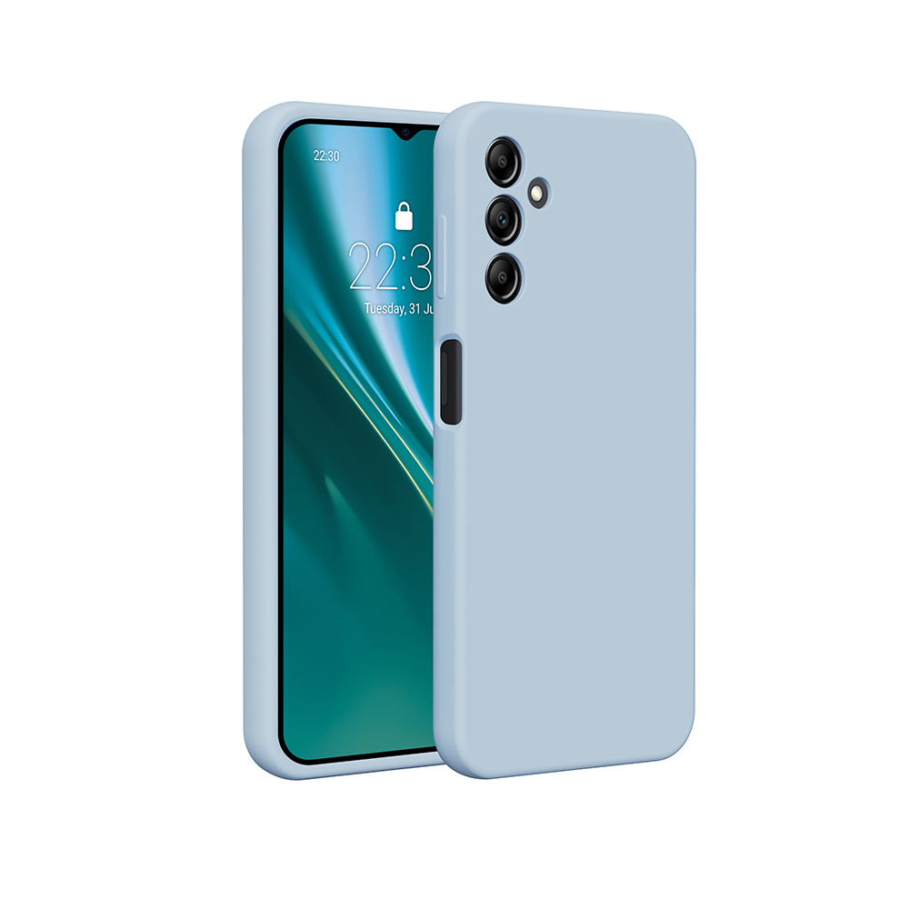 Un telefono azzurro con custodia abbinata. Il telefono ha tre fotocamere sul retro. Lo schermo mostra un'immagine.
