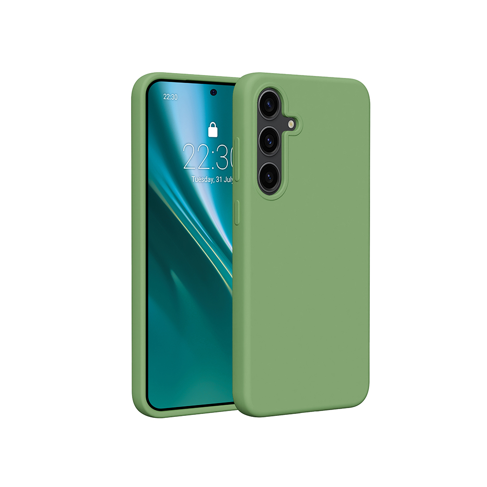 Una custodia verde per telefono con un telefono. Il telefono mostra un display con l'ora e la data.