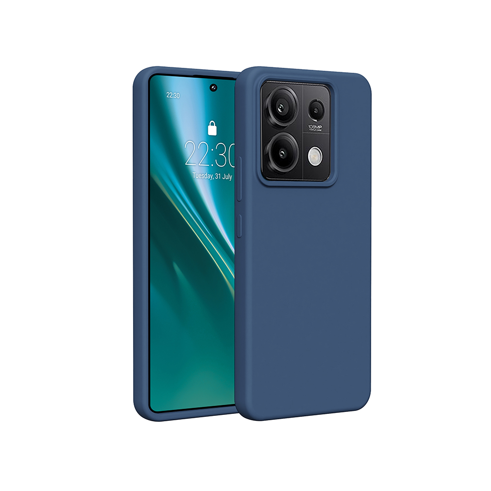 Niebieskie etui na telefon z telefonem w środku. Ekran pokazuje godzinę i ustawienia kamery.