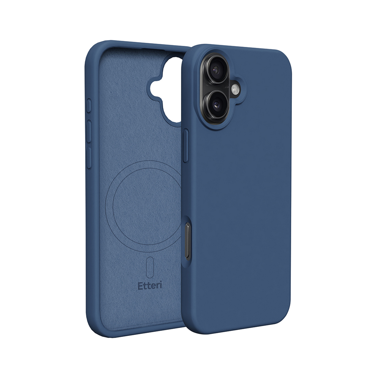 Ciemnoniebieskie etui na telefon, otwarte, aby odsłonić telefon. Etui jest zamknięte. Białe tło.