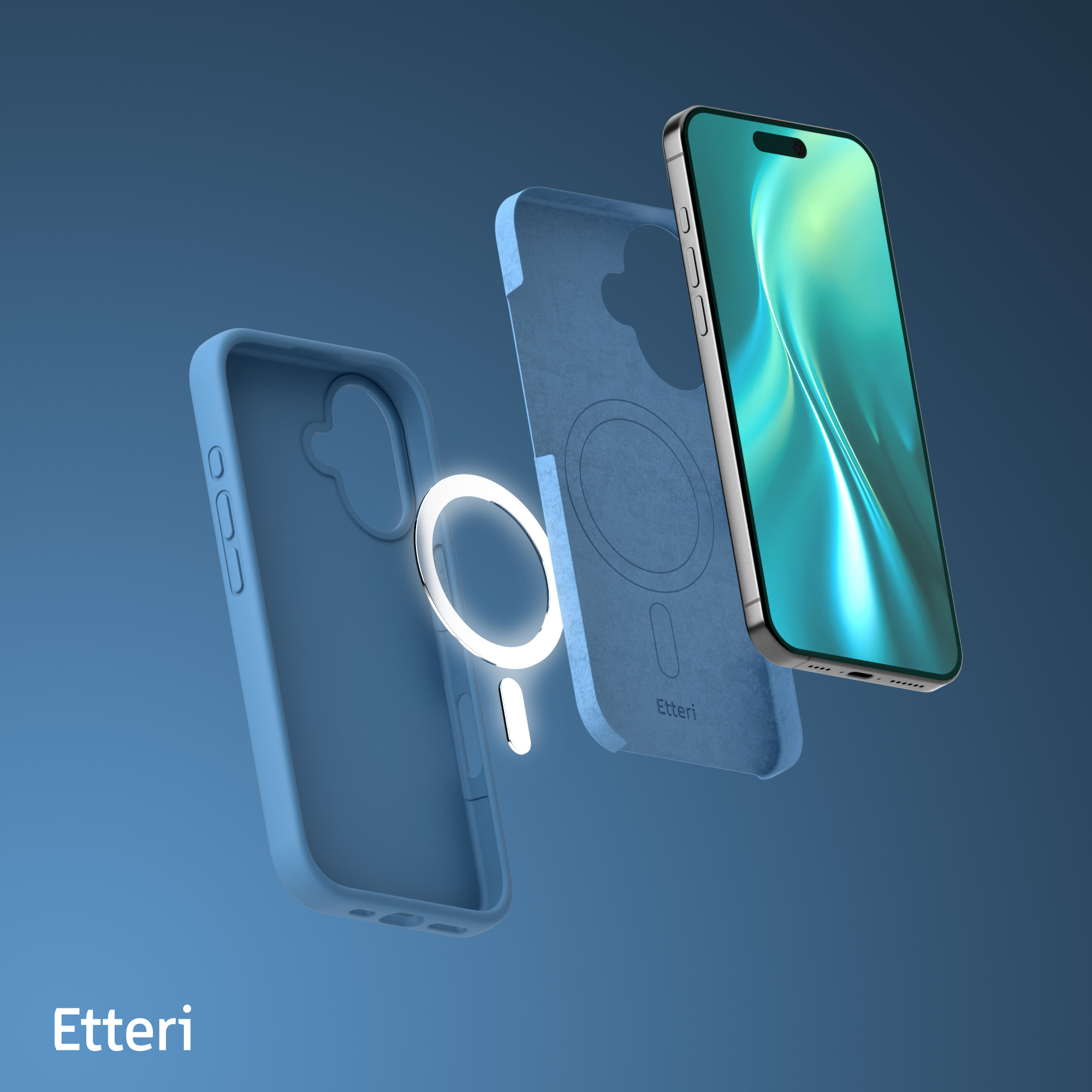 Widok rozłożony telefonu, etui i ładowarki. Niebieskie etui, biała ładowarka, telefon.