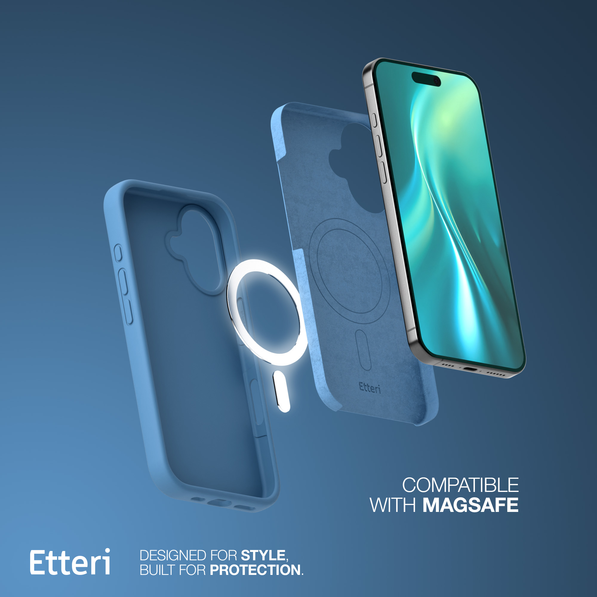 Pływające elementy etui na telefon. Etui, wewnętrzna wyściółka i telefon. Tekst: Kompatybilny z Magsafe.