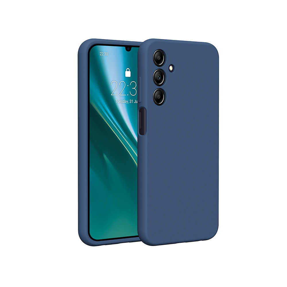 Custodia per telefono blu con un telefono all'interno, che mostra uno schermo con uno sfondo naturale.