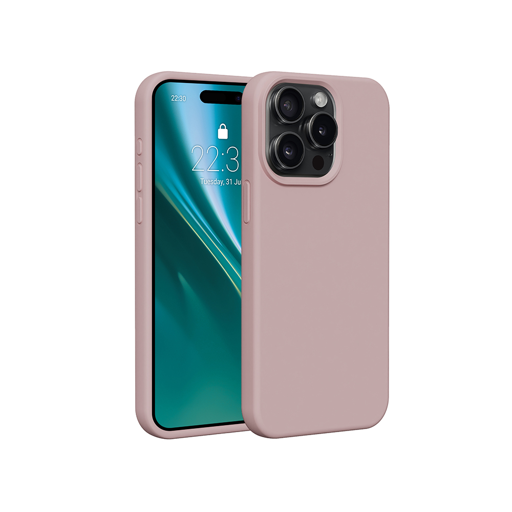 Custodia rosa con telefono, che mostra ora e data, su sfondo bianco.