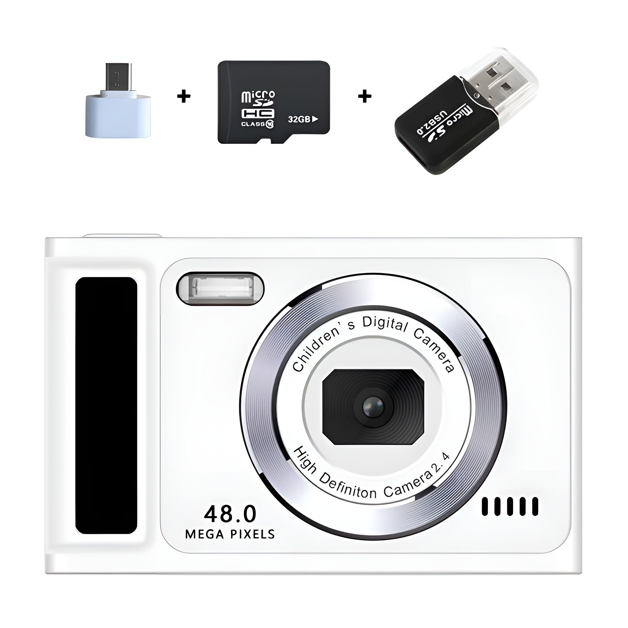 Weiße Digitalkamera mit Zubehör: Adapter, SD-Karte und USB-Lesegerät.