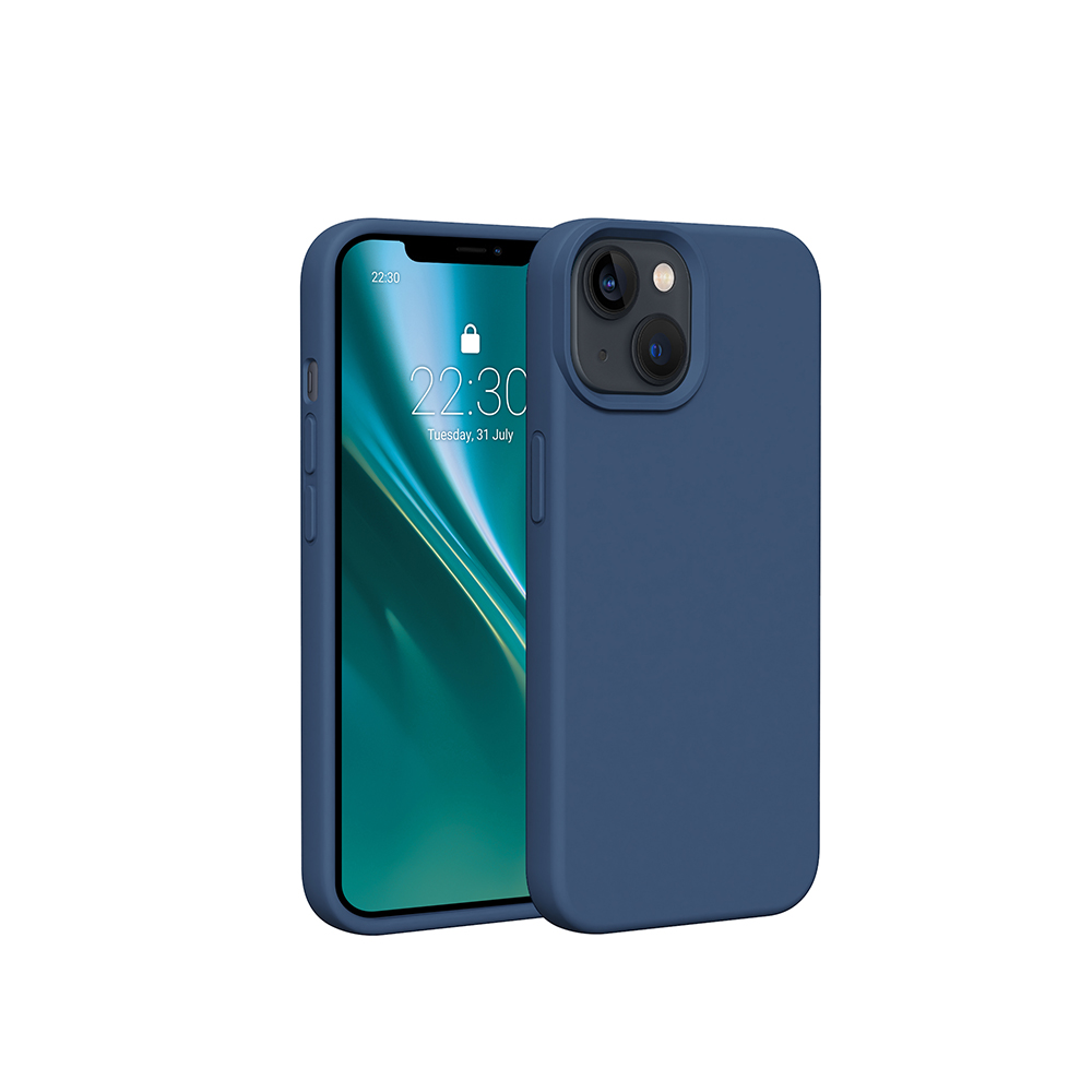 Una custodia blu per telefono accanto a uno smartphone, entrambi mostrano uno schermo con l'ora e la data.