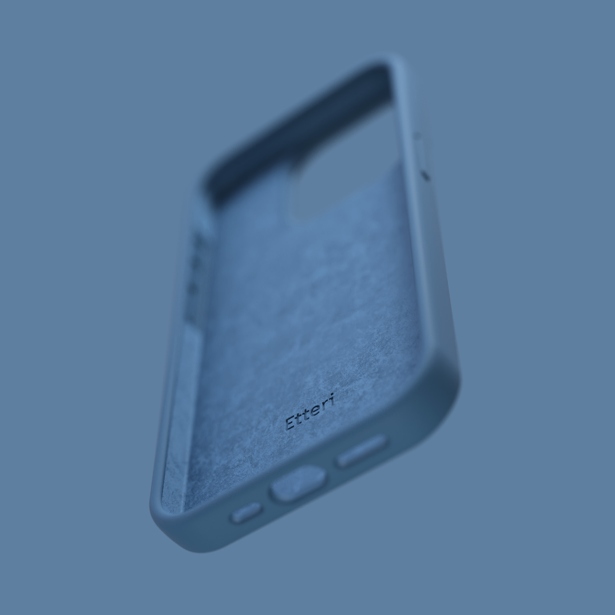 Custodia blu per telefono con la scritta 'Etteri' all'interno. La custodia è angolata su sfondo blu.