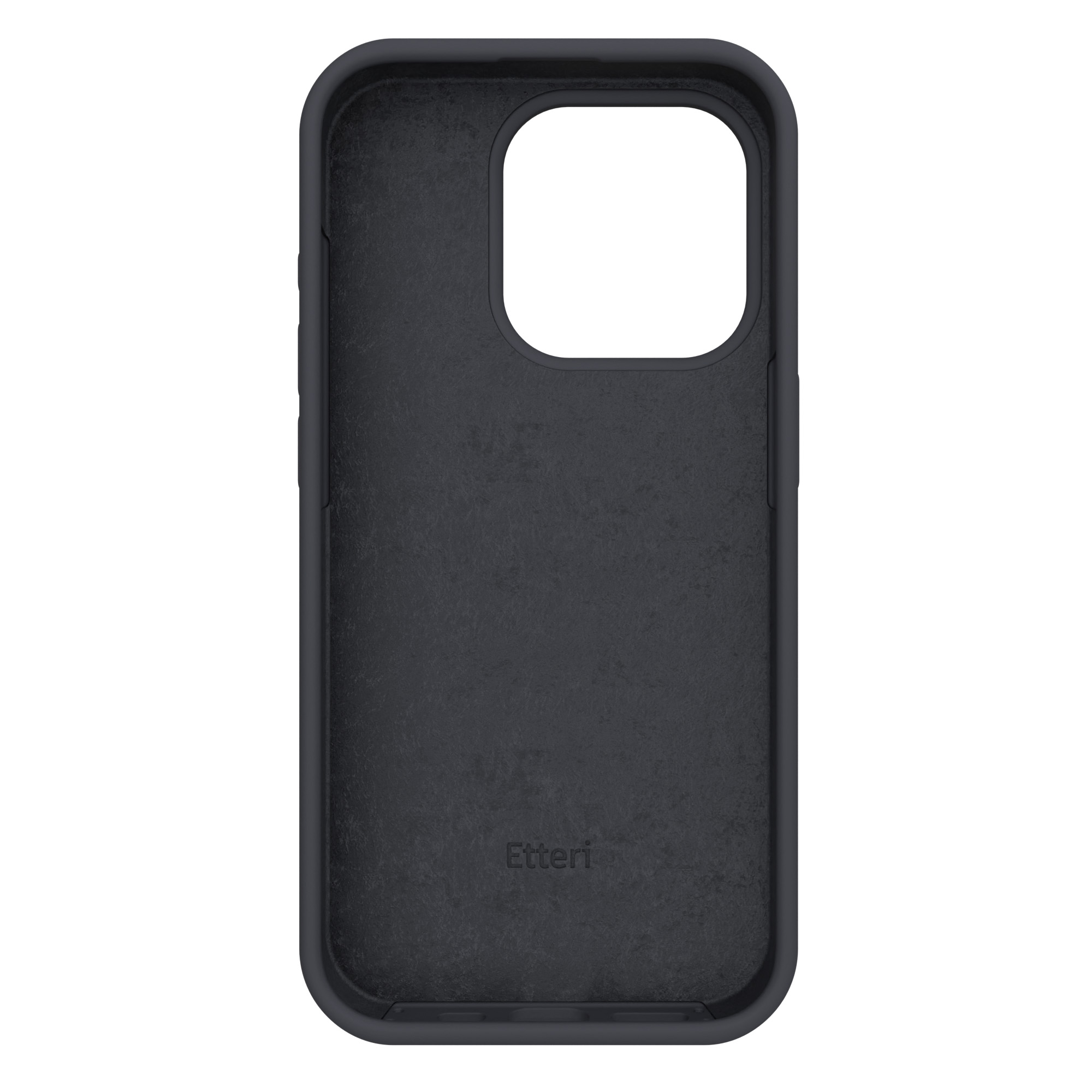 Una custodia per telefono nera con un'apertura per la fotocamera. La custodia del telefono è semplice e lineare. Sfondo nero.