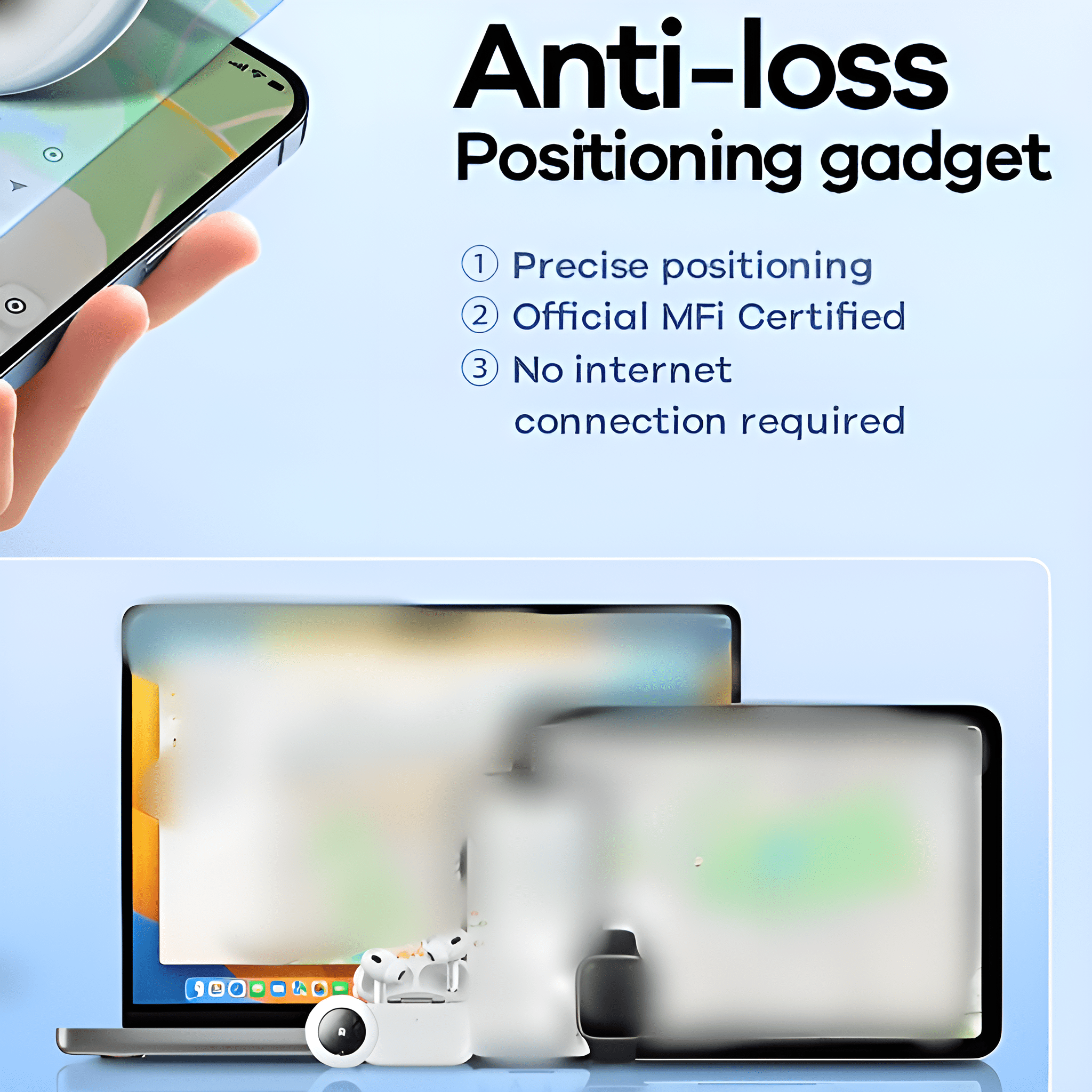 Anti-Verlust-Ortungsgerät, Laptop und Ohrhörer. Weißer und blauer Hintergrund.
