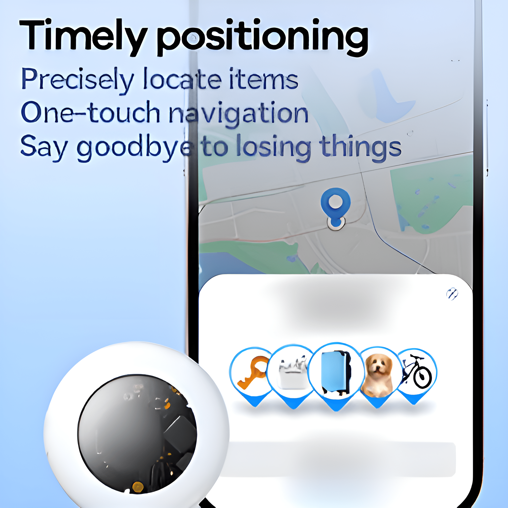 Weißer kreisförmiger Tracker und Telefonbildschirm mit Karte und Symbolen, mit Text.