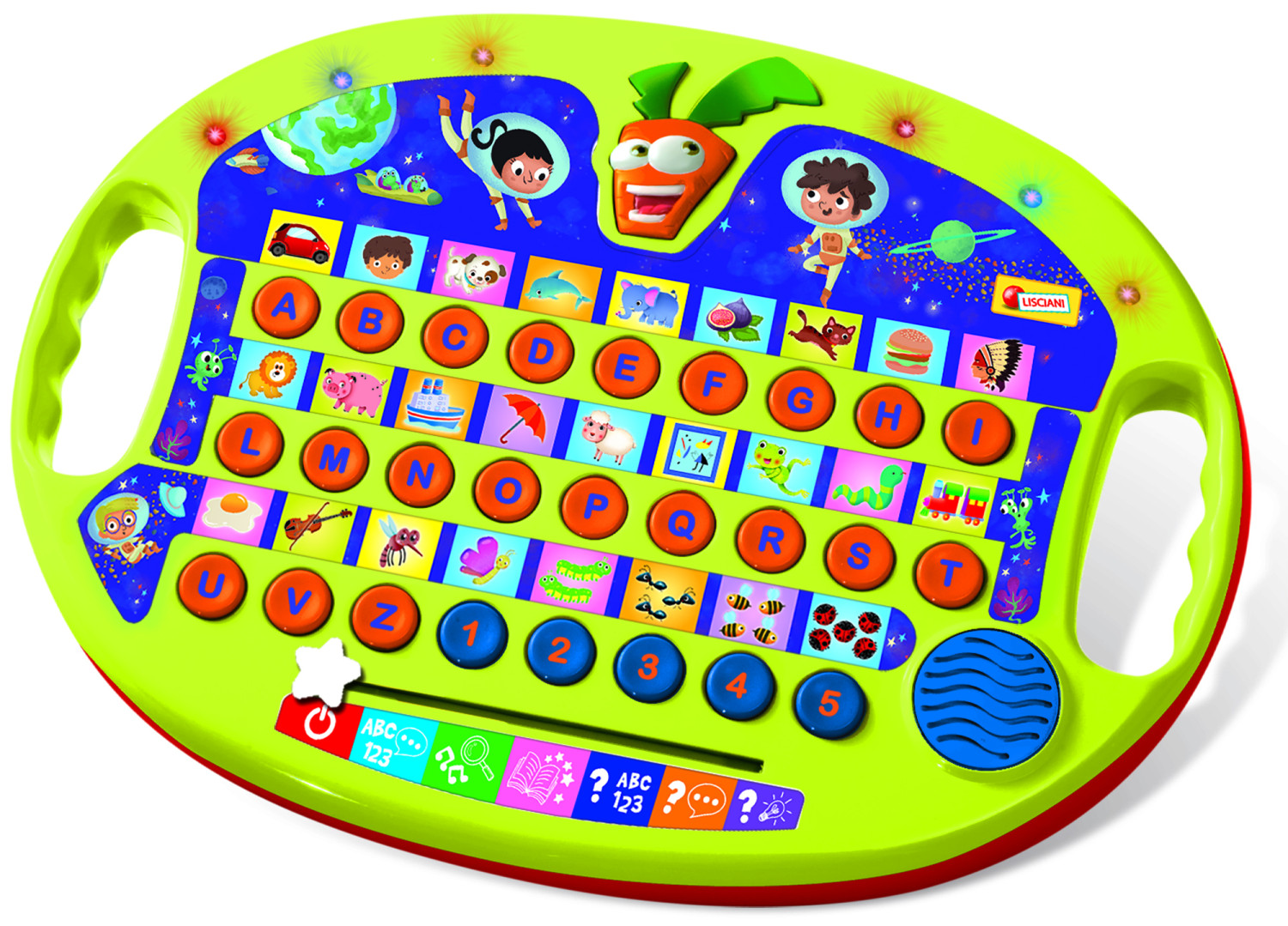 Eine bunte Spielzeugtastatur mit Buchstaben, Bildern und einem karottenförmigen Griff. Weißer Hintergrund.