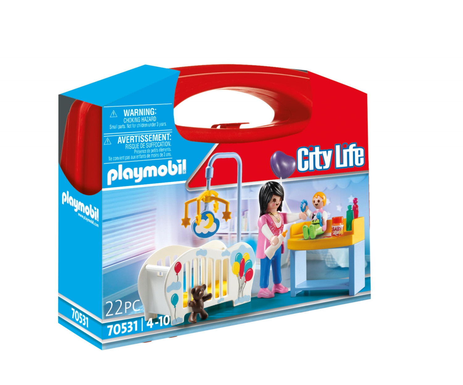 Playmobil City Life Box. Zeigt eine Mutter und ein Baby in einem Kinderzimmer. Enthält Spielzeug und Möbel.
