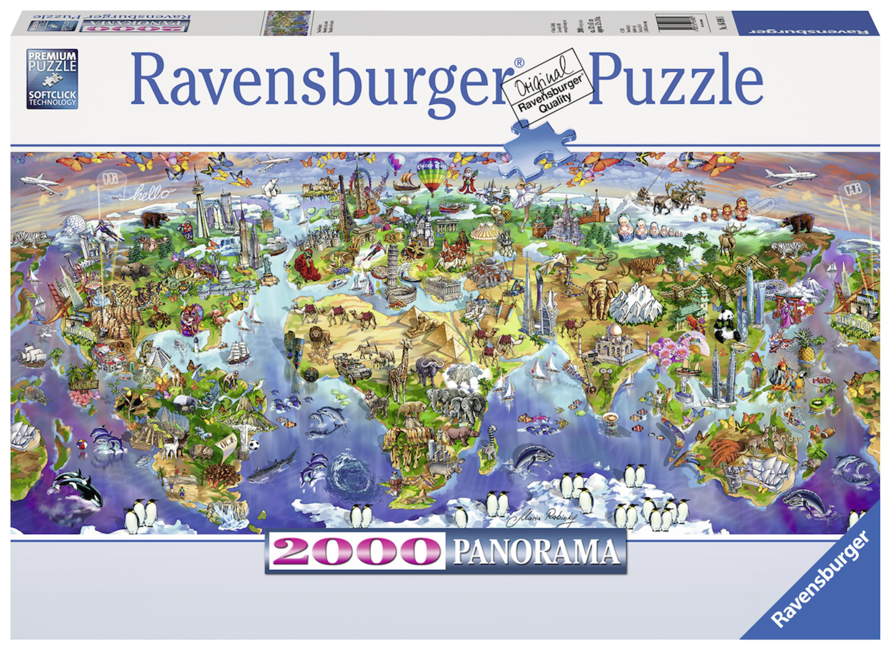 Eine Ravensburger Puzzlebox mit einem Weltkartenbild voller vielfältiger Illustrationen und einem Puzzleteil.