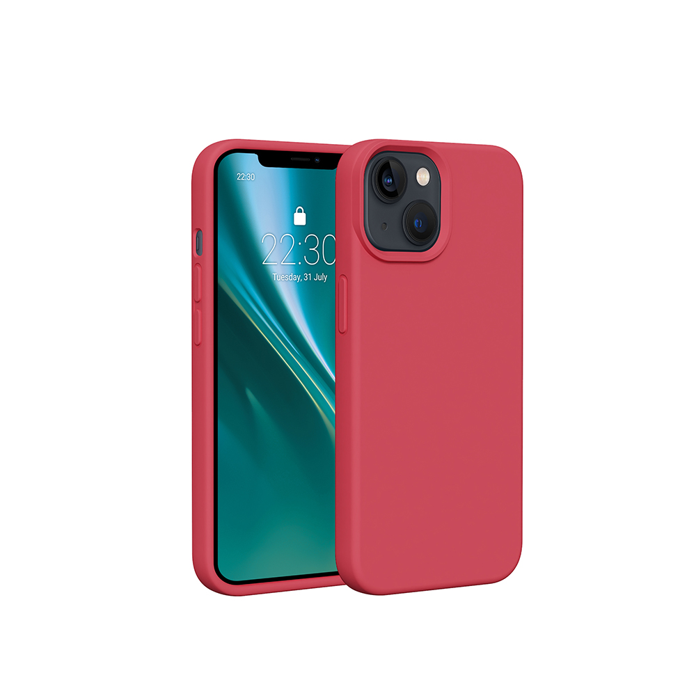 Czerwone etui na telefon z telefonem w środku, pokazujące aparat i ekran.
