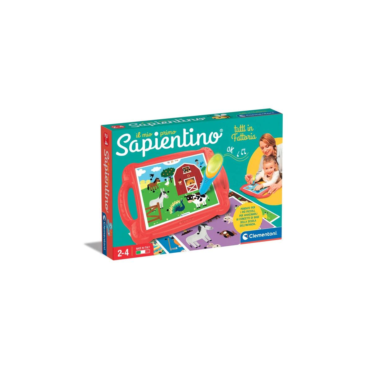 Pudełko z grą dla dzieci z czerwonym tabletem i sceną z farmy na ekranie.