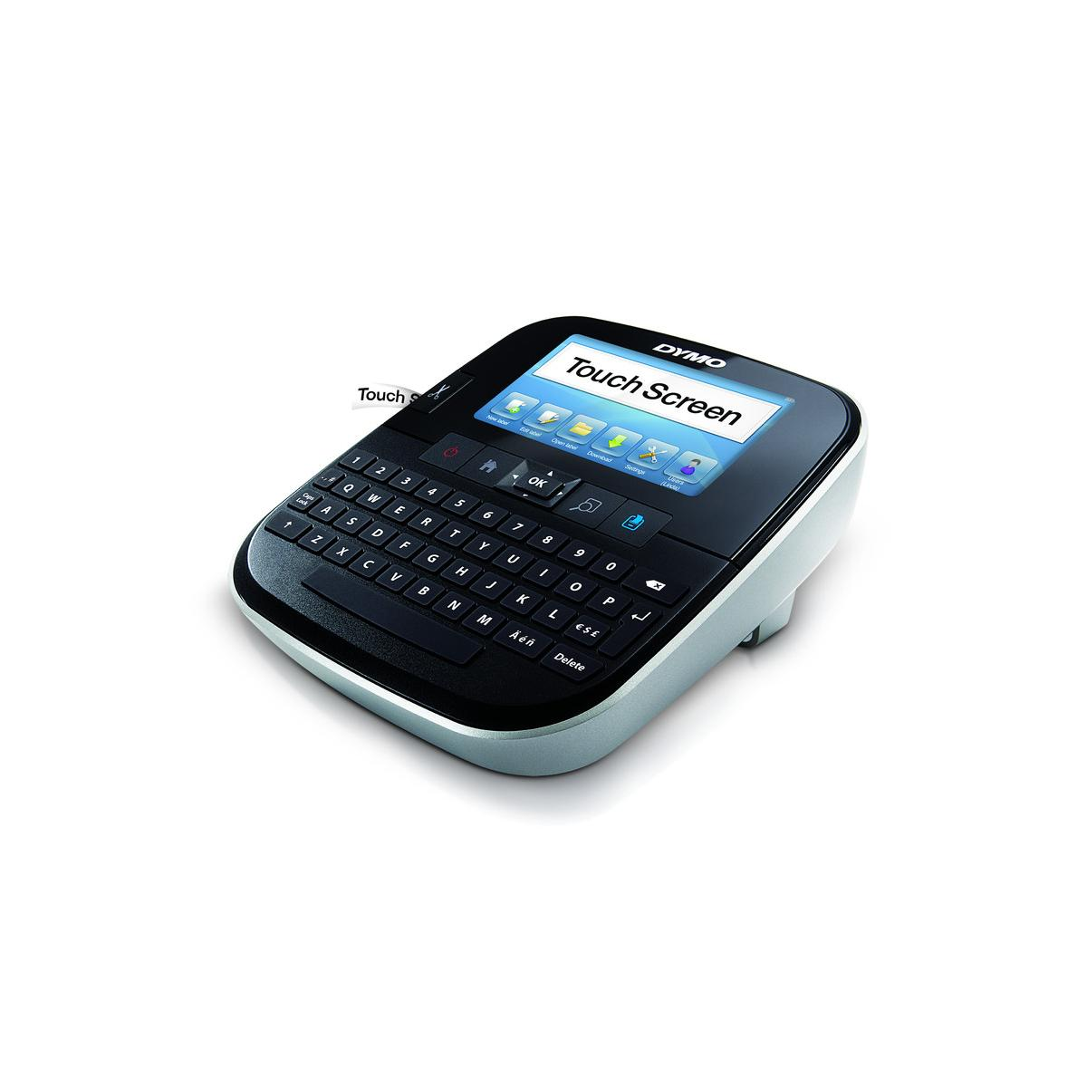 Etichettatrice nera con touchscreen e tastiera. Bianco e nero. Inclinata su una superficie bianca.