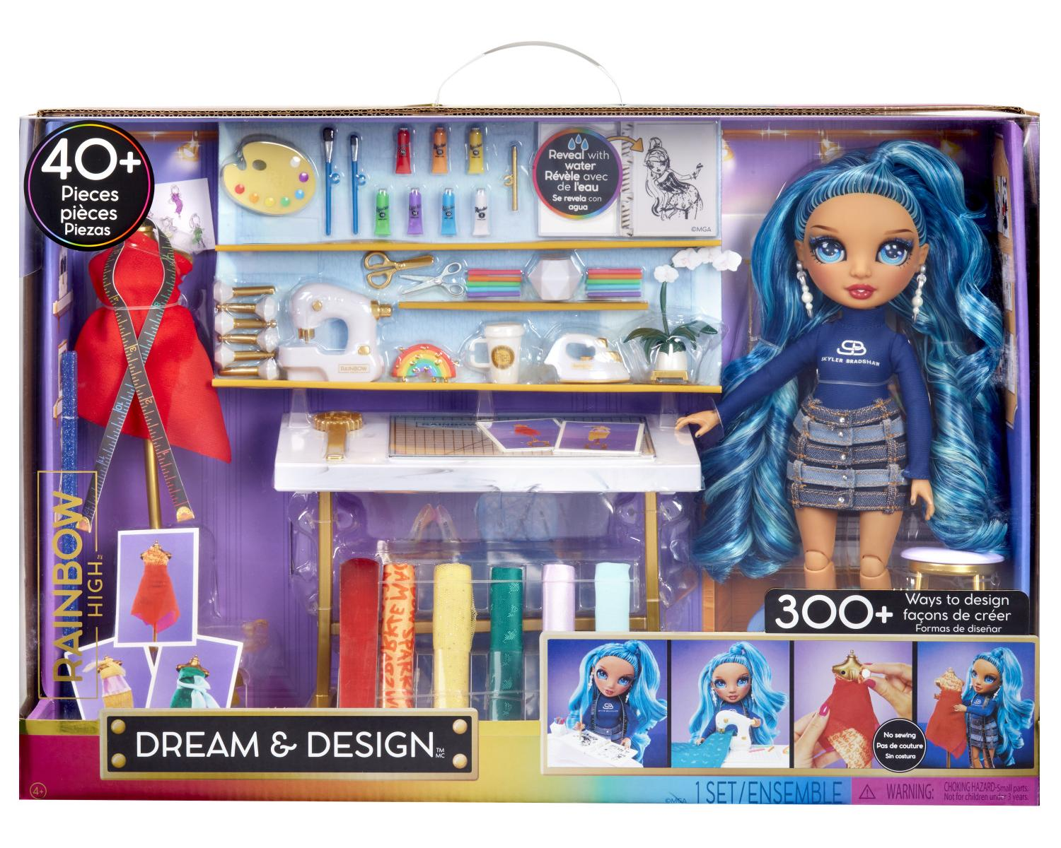 Zestaw lalek Rainbow High z lalką, stacją projektowania, materiałami rzemieślniczymi i akcesoriami na białym tle.
