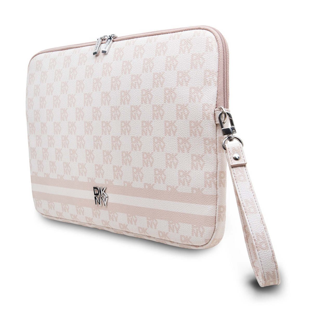 Custodia per laptop DKNY, sfondo bianco. Presenta il logo DKNY e la maniglia.